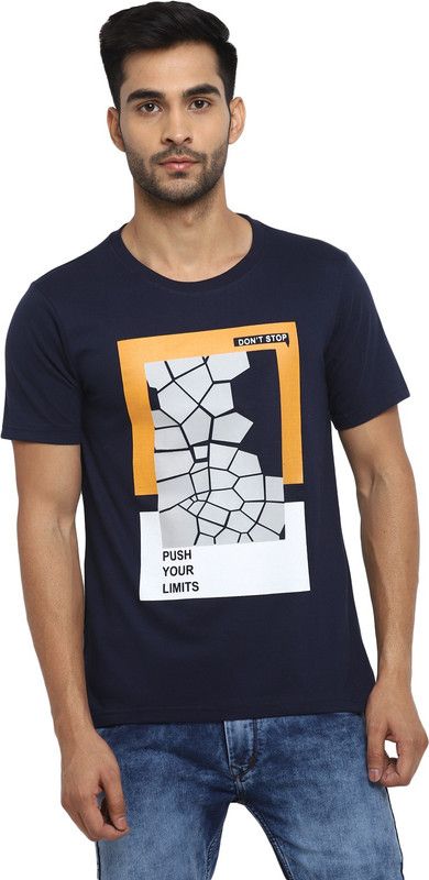 Navy Blue Printed T-Shirt for Men Printed Round Neck Cotton Blend Dark Blue T-Shirt