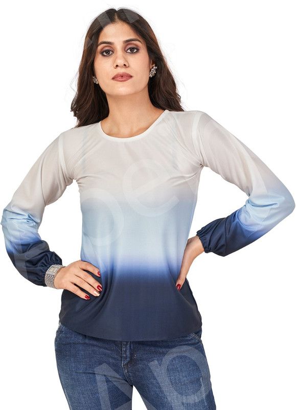 Casual Puff Sleeves Ombre Women Multicolor Top