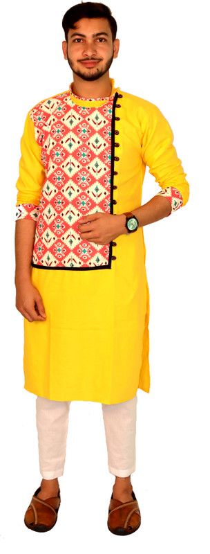 Men Self Design Cotton Blend Ethnic Dress  (Yellow)