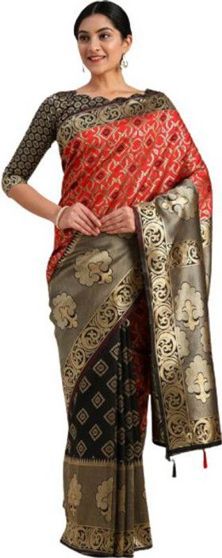Printed Bandhani Jacquard Saree  (Red)