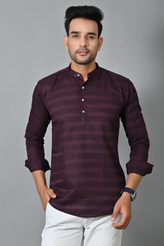 Men Self Design, Solid Cotton Blend Straight Kurta  (Purple)