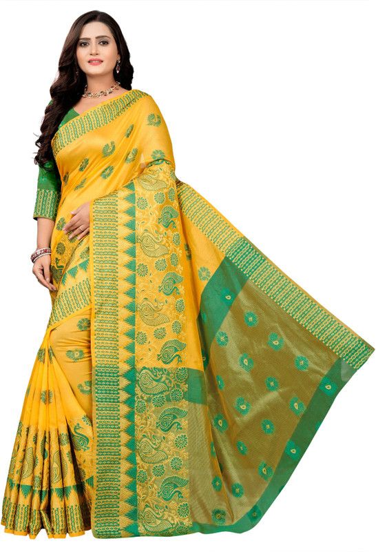 Self Design, Woven Banarasi Silk Blend, Cotton Blend Saree  (Yellow)