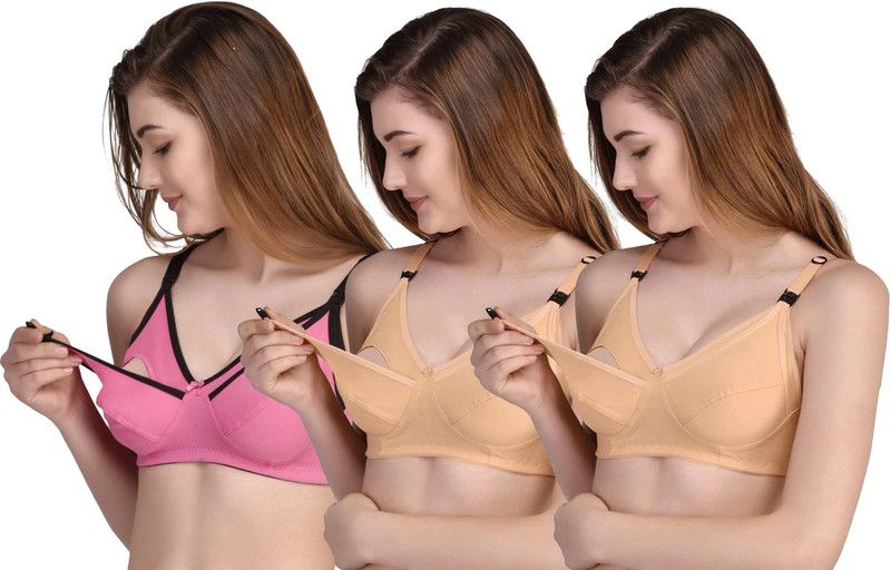 Pack of 3 Women Maternity/Nursing Non Padded Bra  (Pink, Beige, Beige)