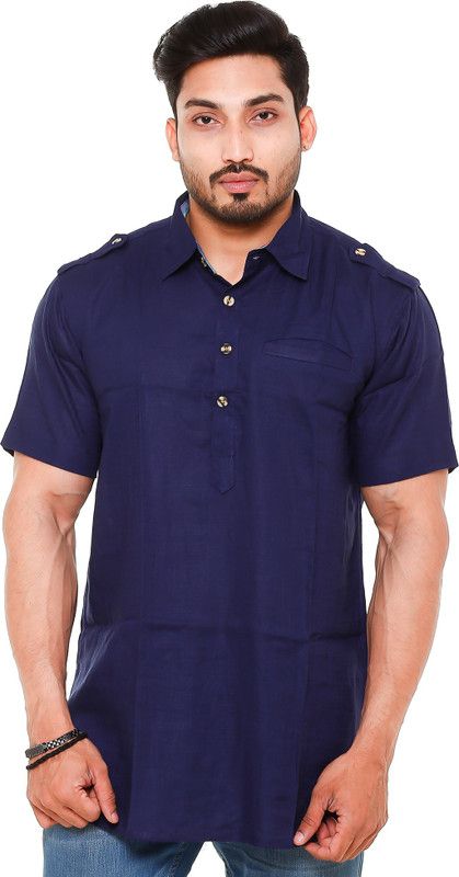Men Solid Linen Blend Straight Kurta  (Black)