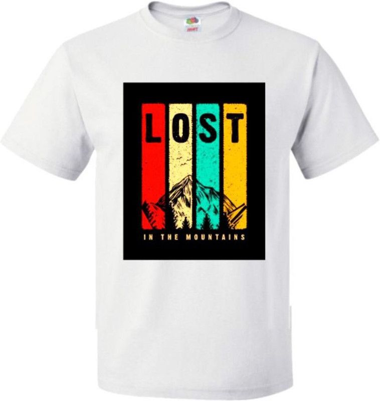 Lost in Mountain Men Printed Round Neck Polyester White T-Shirt