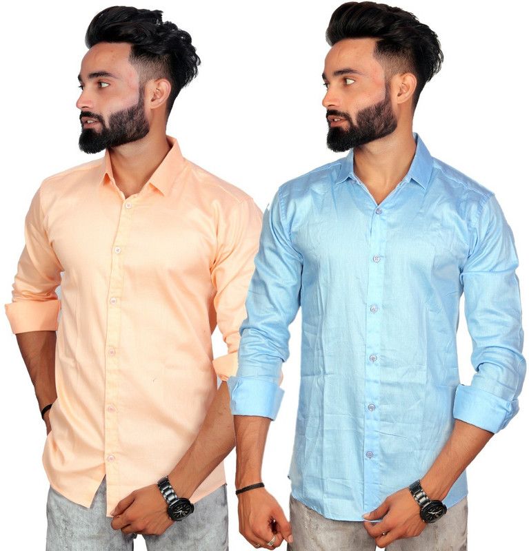 Men Solid Casual Beige, Light Blue Shirt  (Pack of 2)
