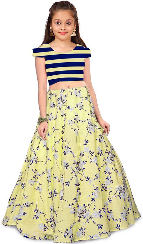 Girls Lehenga Choli Ethnic Wear Floral Print Lehenga & Crop Top  (Yellow, Pack of 1)