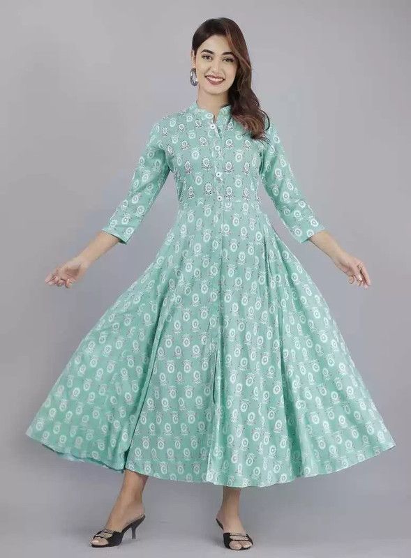 Women Abstract Viscose Rayon Gown Kurta  (Light Blue)