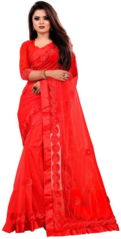 Embellished Daily Wear Net Saree  (Green)