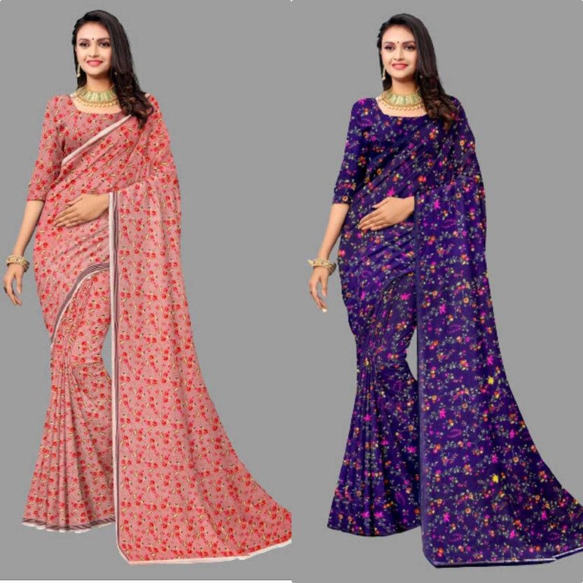 Printed Bollywood Polyester Saree  (Pack of 2, Red, Blue)