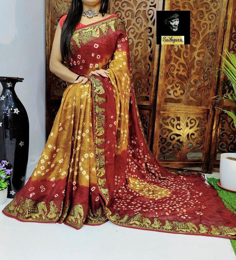 Temple Border Bandhani Art Silk Saree  (Yellow)