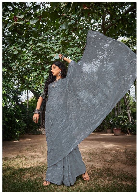 Self Design, Striped Bollywood Georgette Saree  (Grey)