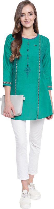 Women Embroidered Cotton Blend Asymmetric Kurta  (Blue)