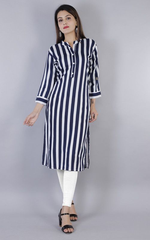Women Striped Cotton Rayon Straight Kurta  (White, Blue)