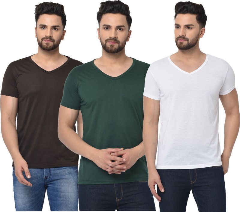 Pack of 3 V neck Combo T-shirts Men Solid V Neck Cotton Blend Green, White, Brown T-Shirt