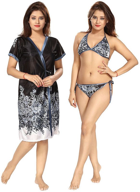 Pack of 3 Women Robe and Lingerie Set  (Black)