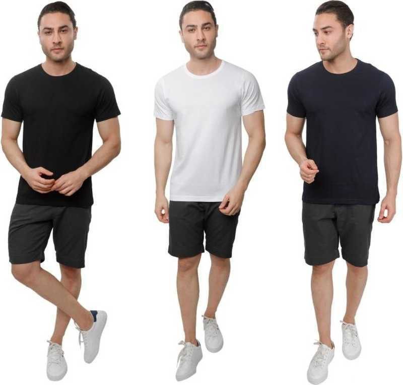 Pack of 3 Wild Horn Round Neck Men Solid Round Neck Cotton Blend White, Blue, Black T-Shirt