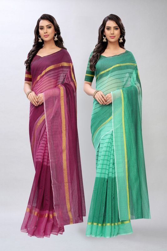 Striped Bollywood Cotton Silk Saree  (Pack of 2, Purple, Green)