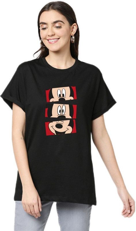 Mickey By BEWAKOOF Women Printed Round Neck Pure Cotton Black T-Shirt