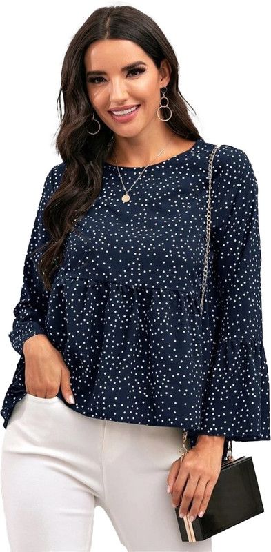 Casual Bell Sleeves Polka Print Women Blue Top