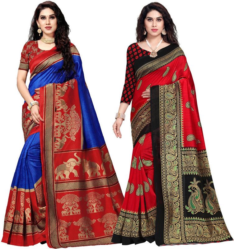 Mysore Art Silk Saree  (Pack of 2, Red, Blue)