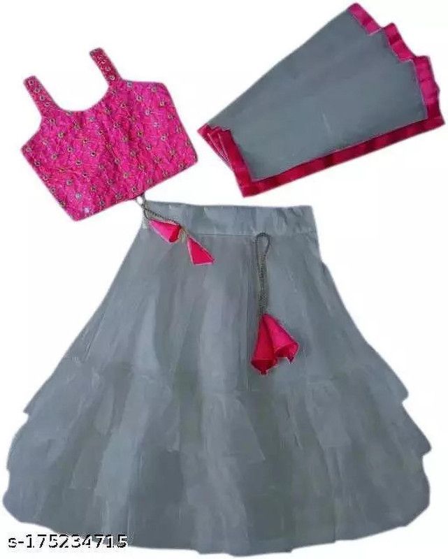 Girls Lehenga Choli Ethnic Wear Self Design Ghagra, Choli, Dupatta Set  (Pink, Pack of 1)