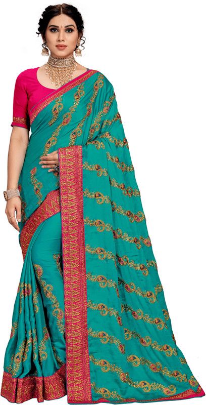 Embroidered Leheria Chiffon, Satin Saree  (Blue, Pink)