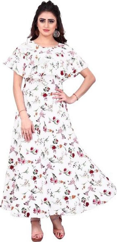 Women Floral Print Crepe Flared Kurta  (White)