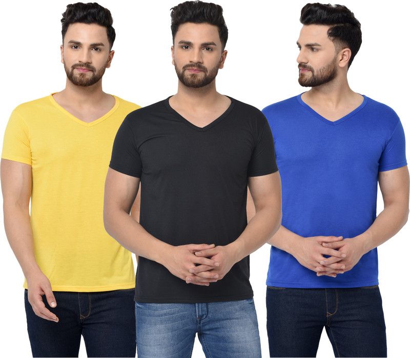 Pack of 3 Men Solid V Neck Cotton Blend Blue, Black, Yellow T-Shirt