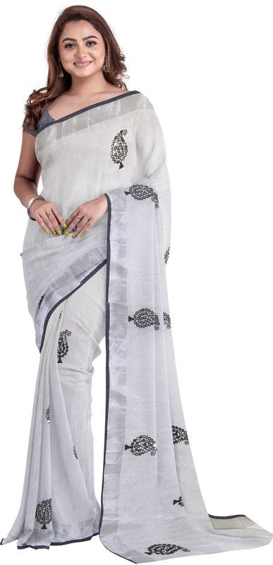Embellished Bollywood Linen Saree  (Grey)