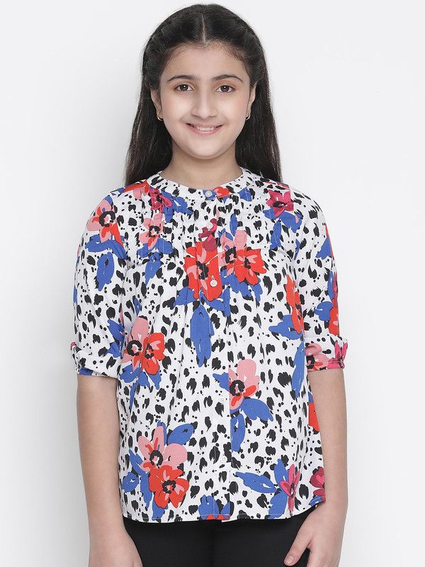 Girls Regular Fit Floral Print Mandarin Collar Casual Shirt