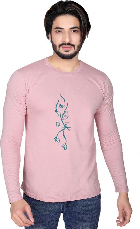 Men Abstract Round Neck Cotton Blend Pink T-Shirt