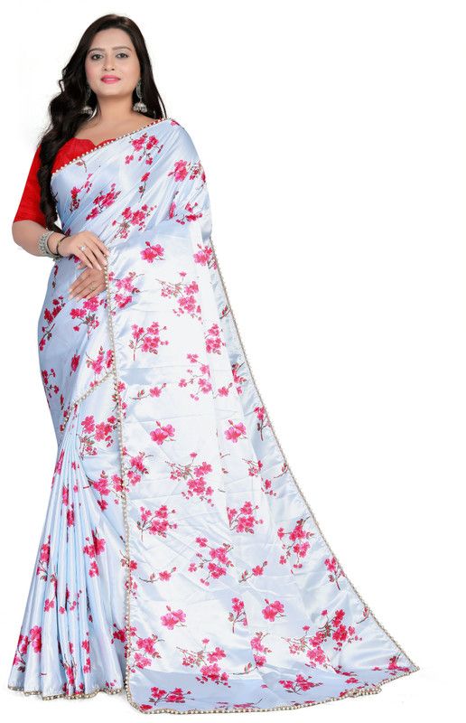 Printed Bollywood Pure Silk, Satin Saree  (Red, White, Blue)