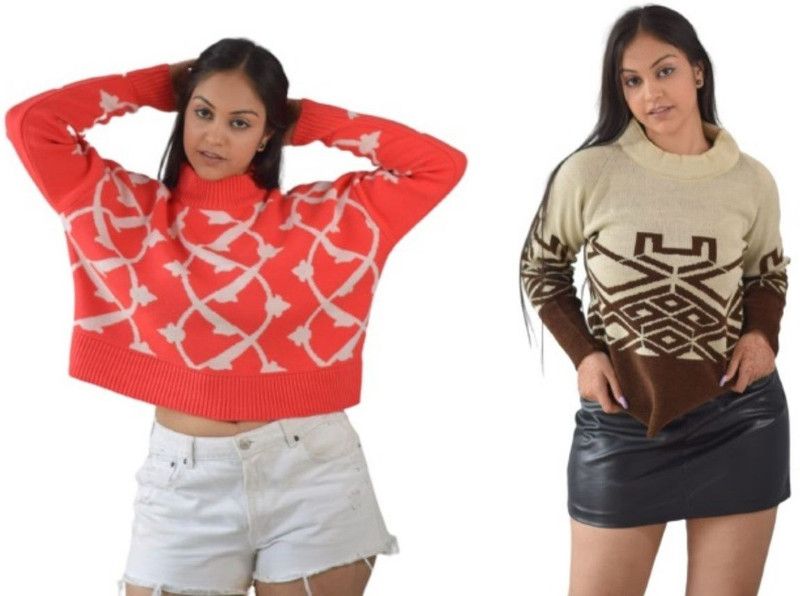 Women Self Design Round Neck Pink, Brown Sweater
