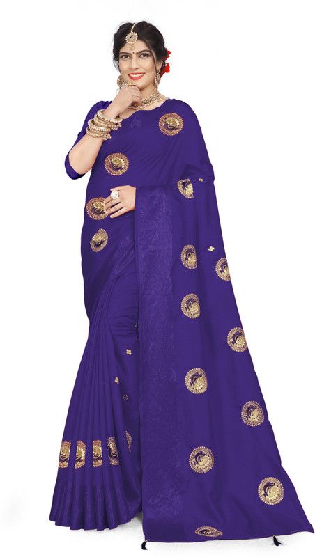 Embroidered Bollywood Silk Blend Saree  (Dark Blue)