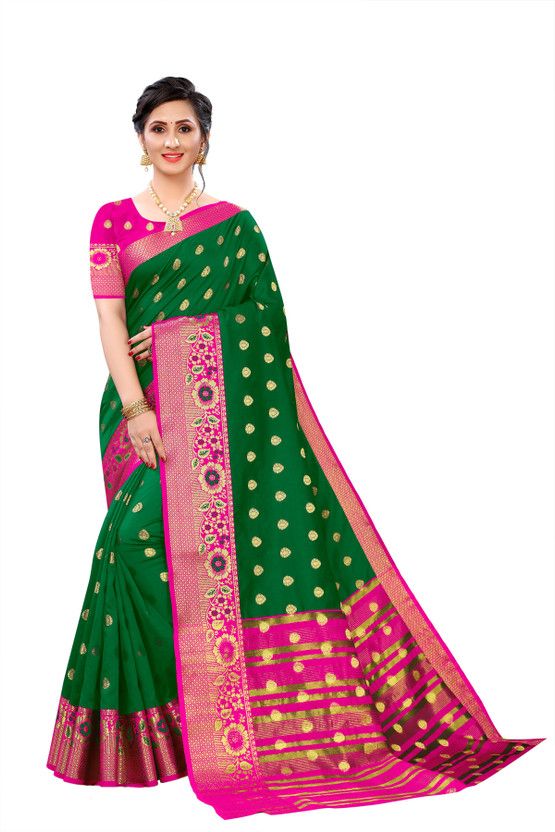 Woven Banarasi Jacquard, Cotton Silk Saree  (Green, Pink)