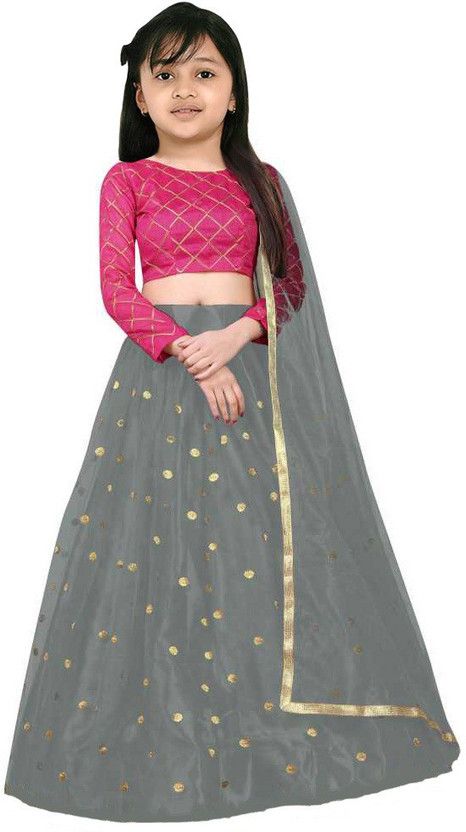 Girls Lehenga Choli Ethnic Wear Checkered Lehenga, Choli and Dupatta Set  (Grey, Pack of 1)