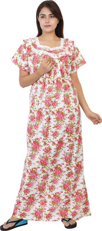 Women Night Dress  (Pink, White)