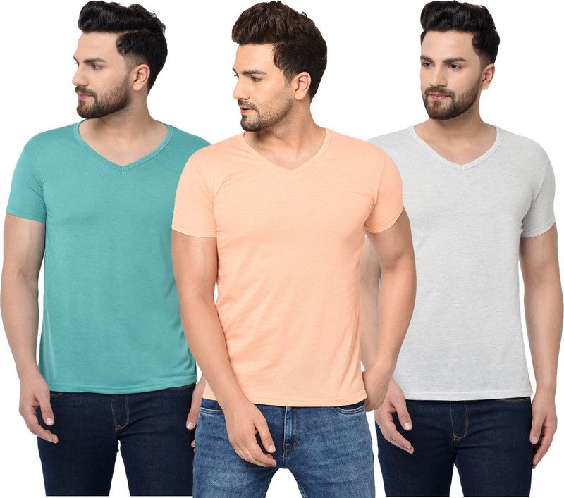 Pack of 3 Men Solid V Neck Cotton Blend Pink, Grey, Light Green T-Shirt