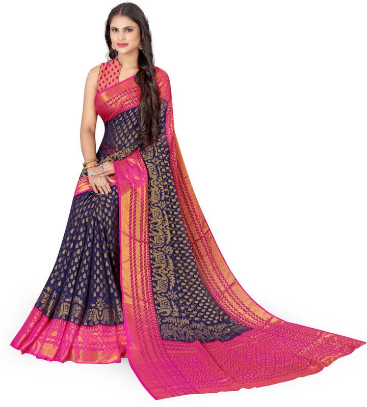 Animal Print Bollywood Brasso Saree  (Dark Blue, Pink)