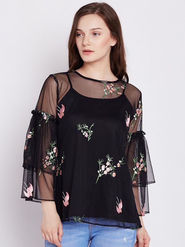 Casual Layered Floral Print Women Black Top