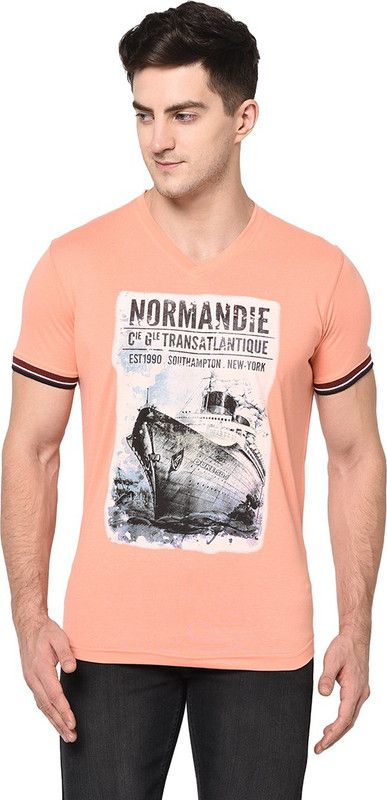 Men Printed V Neck Cotton Blend Orange T-Shirt