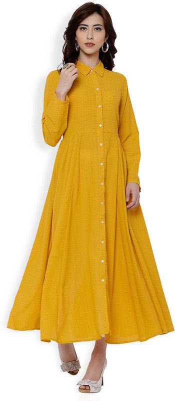 Women Printed Cotton Blend Anarkali Kurta  (Yellow)