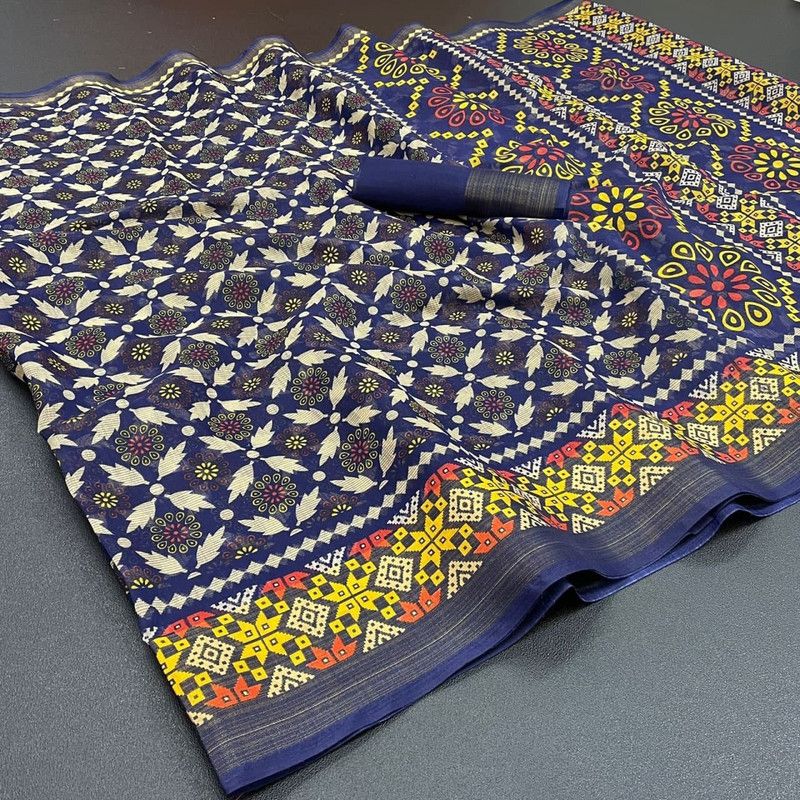 Ikkat Cotton Silk Saree  (Blue)