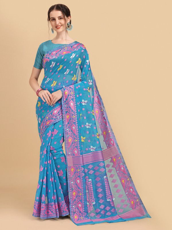 Jamdani Cotton Silk, Muslin Saree  (Light Blue, Pink)
