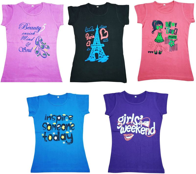 Girls Casual Pure Cotton Top  (Multicolor, Pack of 5)