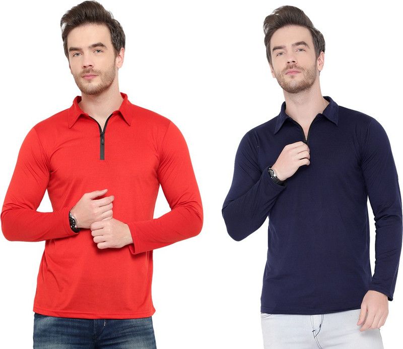 Pack of 2 Men Solid Polo Neck Cotton Blend Dark Blue, Red T-Shirt