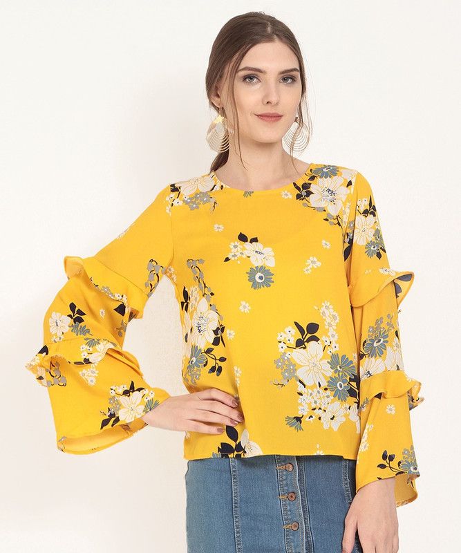 Casual Ruffled Sleeves Printed Women Yellow Top