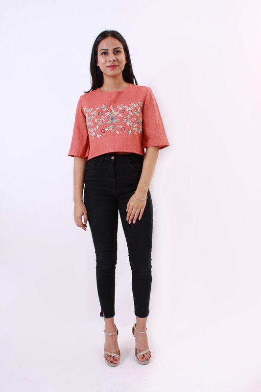 Casual Kimono Sleeves Embroidered Women Red Top