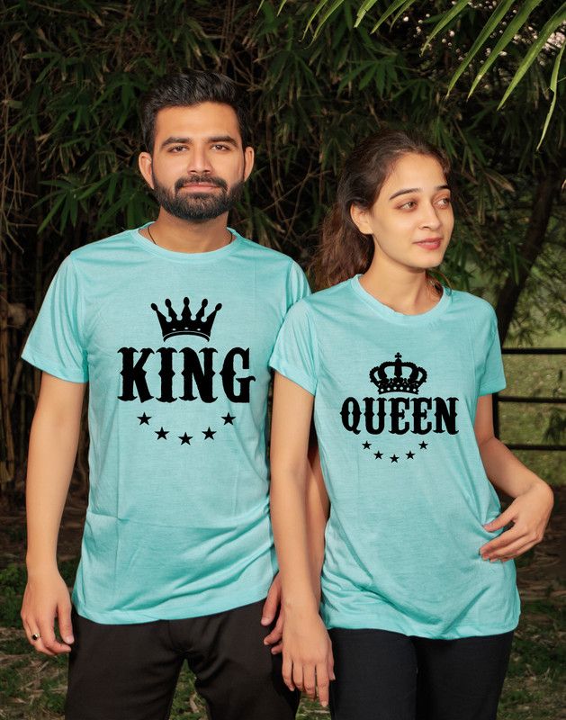 Graphic Print Couple Light Blue T-Shirt  (Pack of 2)